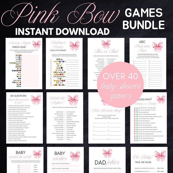 pink bow baby shower game package