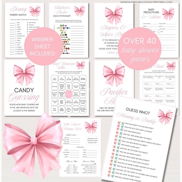 printable pink bow baby shower game package