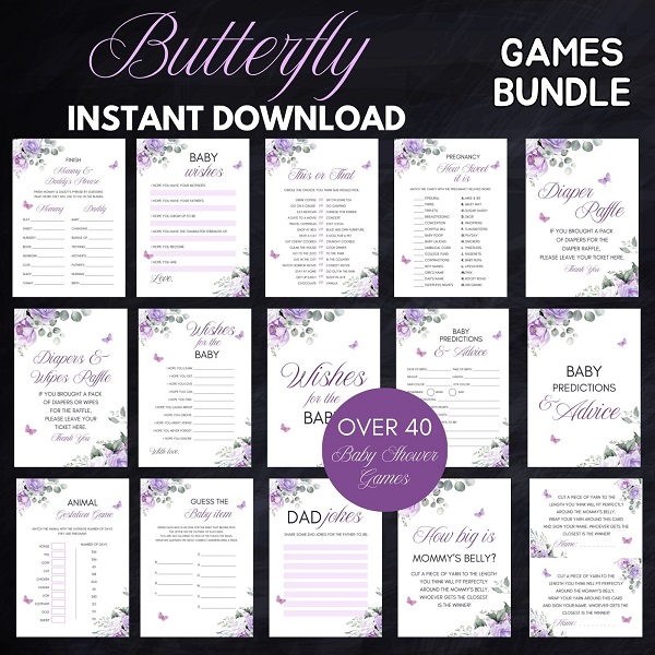 printable purple butterfly baby shower games bundle