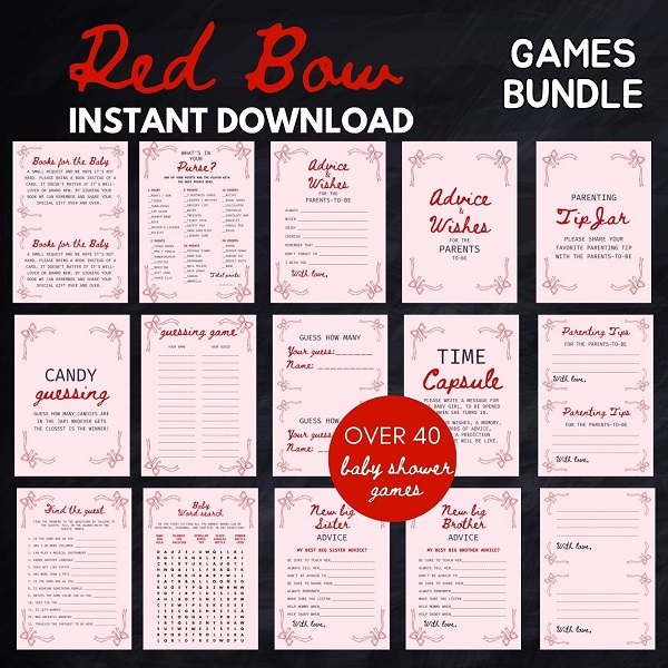 printable red bow baby shower games