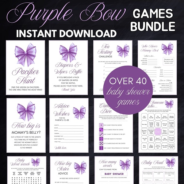 purple bow baby shower games download