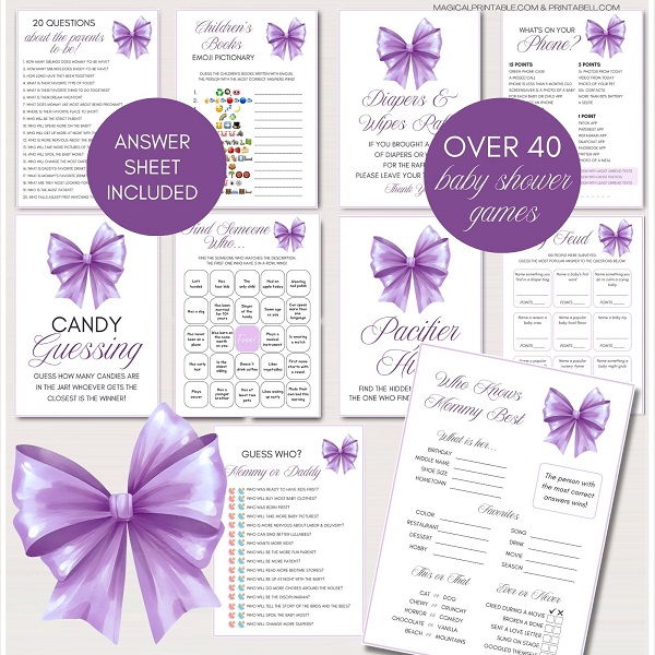 purple bow baby shower games