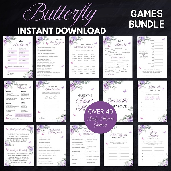purple butterfly baby shower games bundle
