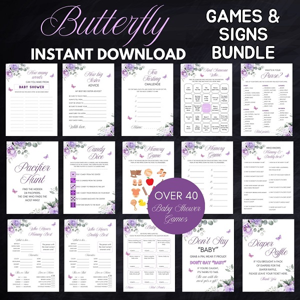 purple butterfly baby shower games