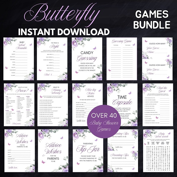 purple pink butterfly baby shower games bundle