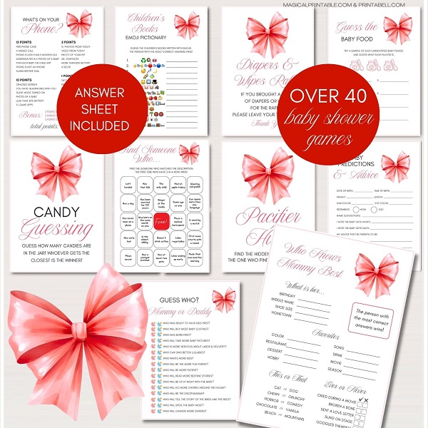 red bow baby shower games package