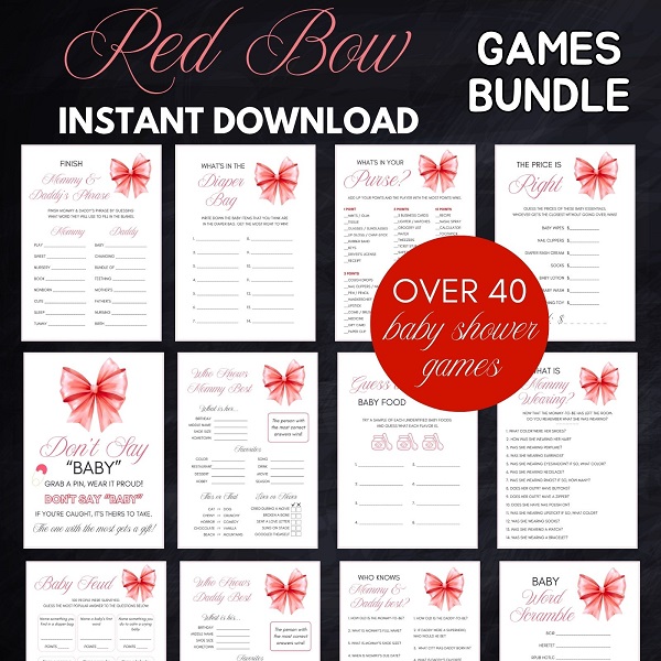 red bow coquette baby shower games package