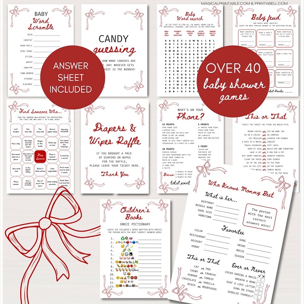 red ribbon bow baby shower games package
