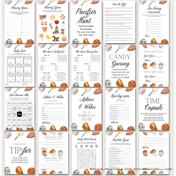 printable sports themed baby shower game bundle