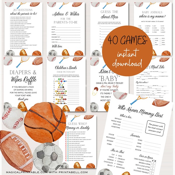 sports baby shower game bundle