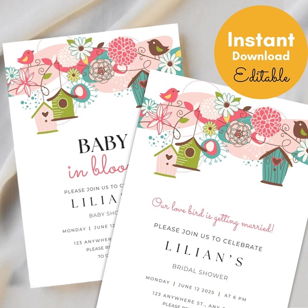 Editable Birds Flowers Invitation