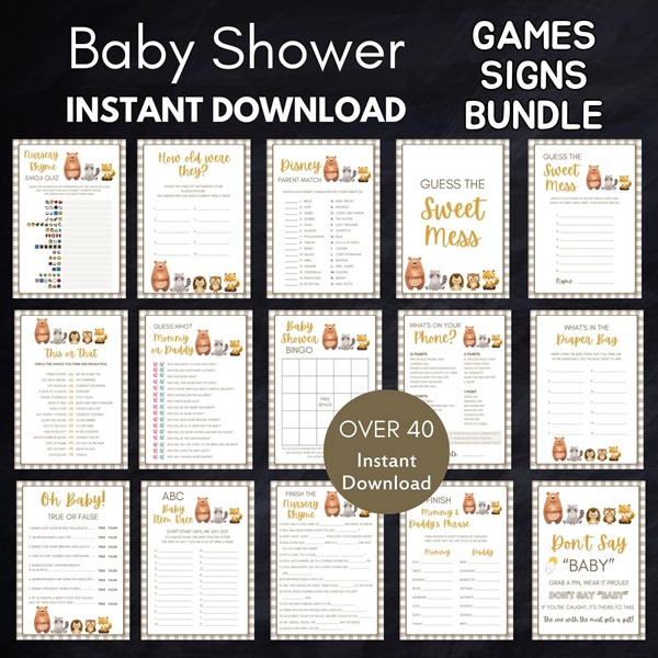 woodland baby shower games bundle