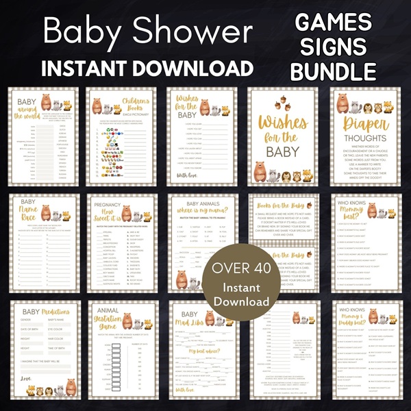 woodland baby shower games bundle
