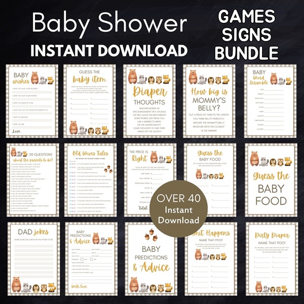 woodland baby shower games bundle