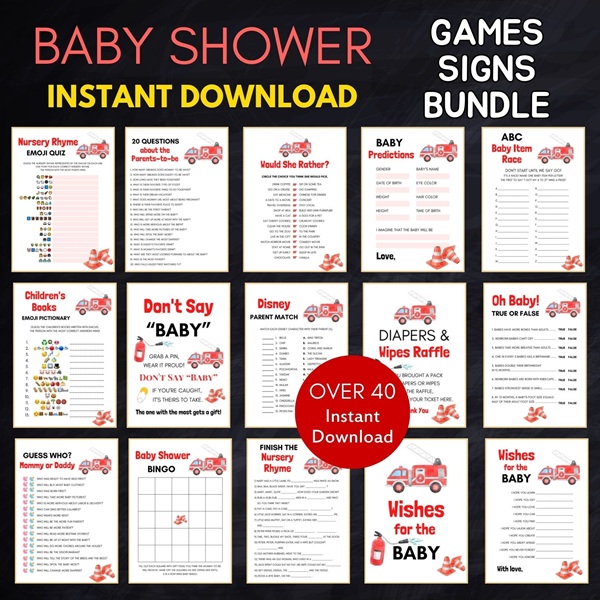 fire fighter baby shower games bundle