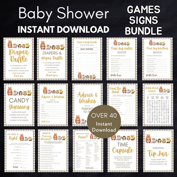 woodland baby shower games bundle