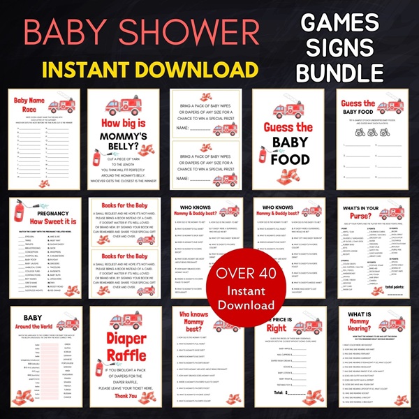 fire fighter baby shower games bundle