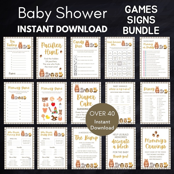 woodland baby shower games bundle