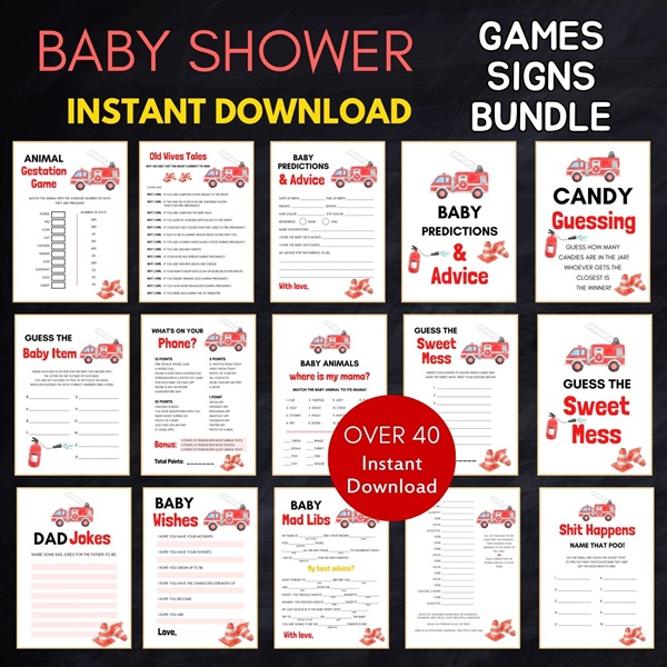 fire fighter baby shower games bundle