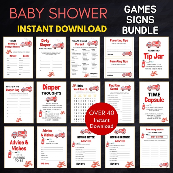 fire fighter baby shower games bundle
