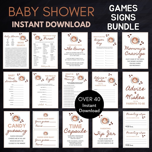 baby is brewing coffee baby shower games bundle