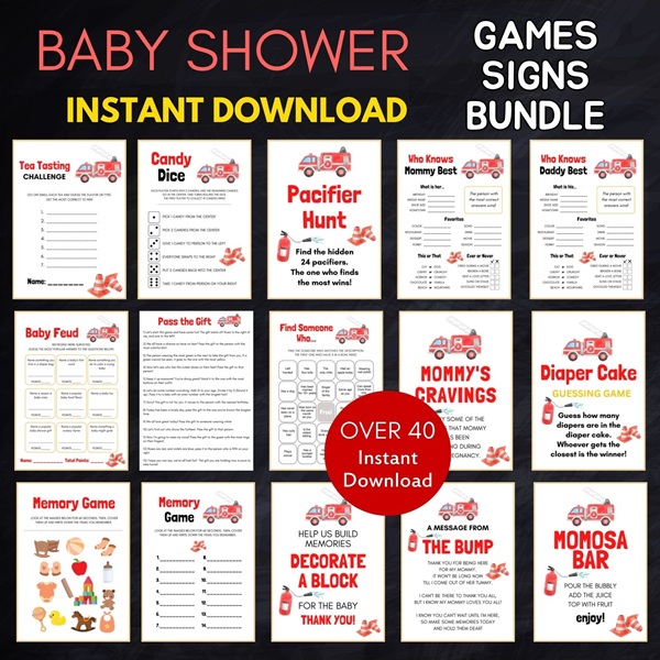 fire fighter baby shower games bundle