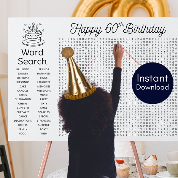 60th birthday party game word search poster