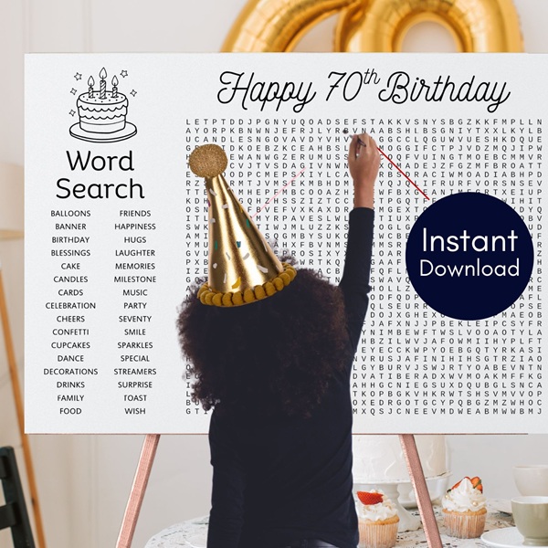 70th birthday word search poster printable