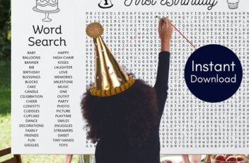 first birthday word search game poster