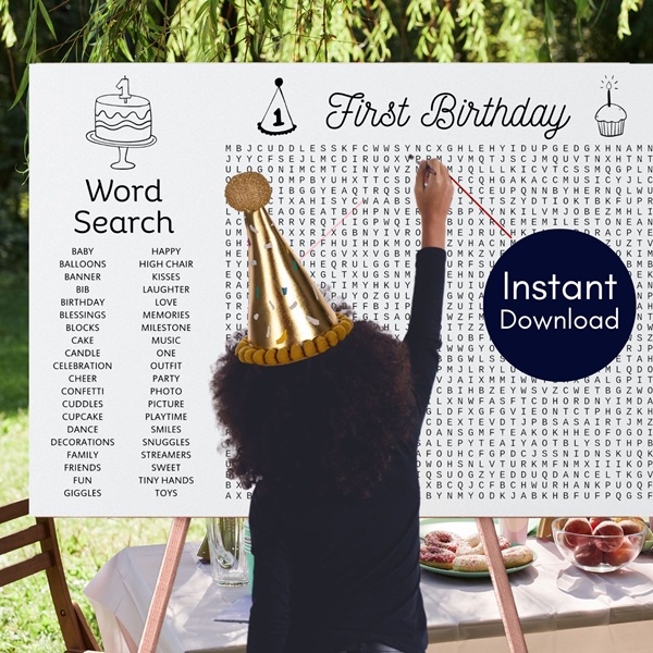 first birthday word search game poster