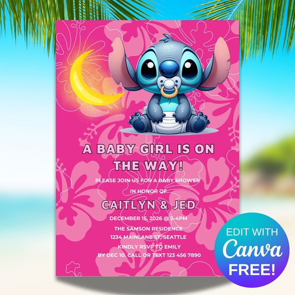 free editable stitch baby shower invitation pink