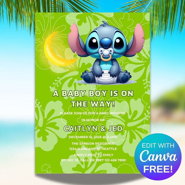 free editable stitch party invitation green