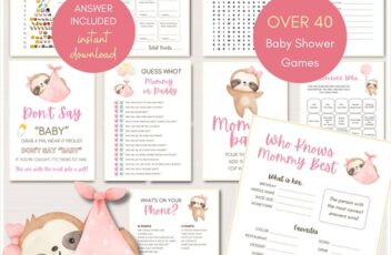 pink sloth baby shower games package