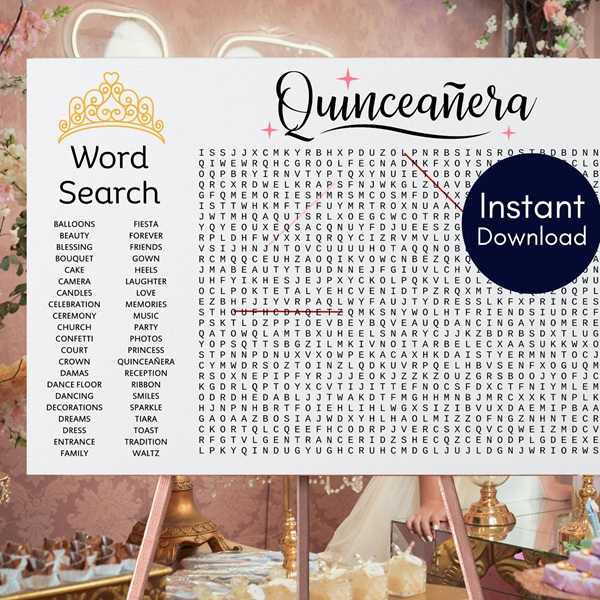 quinceanera party game word search poster