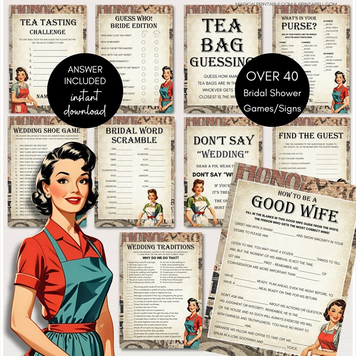 1950 retro Housewife Bridal Shower Game Printables