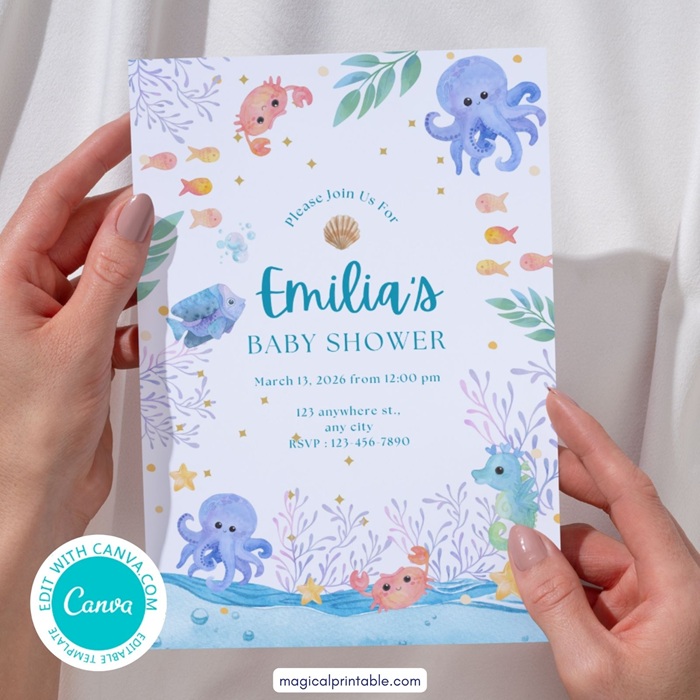 editable sea you soon under the sea baby shower invitation