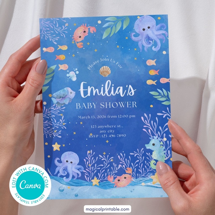 sea you soon under the sea baby shower invitation canva