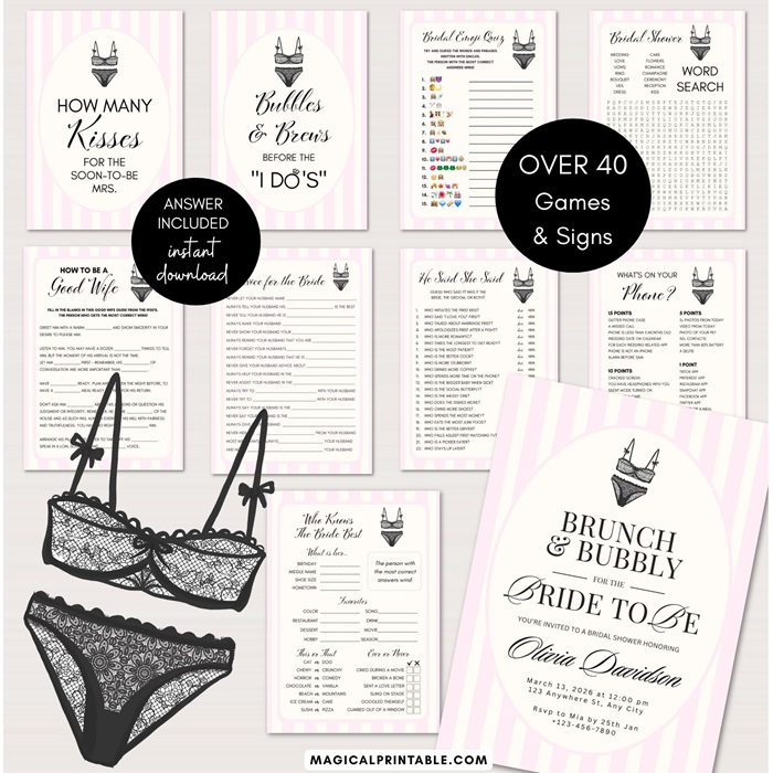 Lingerie Bridal Shower games bundle printable