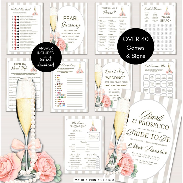 Pearls and Prosecco Bridal Shower Games Bundle