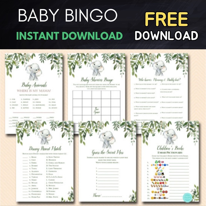 FREE Greenery Elephant Baby Shower Games Bundle