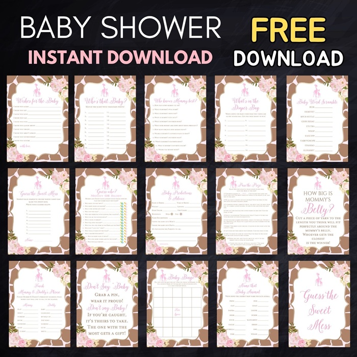 FREE Pink Giraffe Baby Shower Game Package