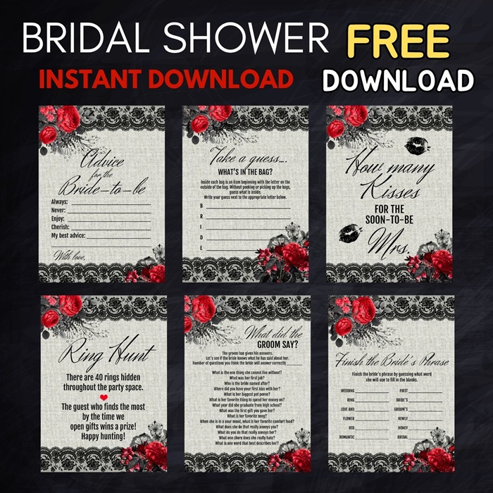 FREE Red Floral Gothic Bridal Shower Games