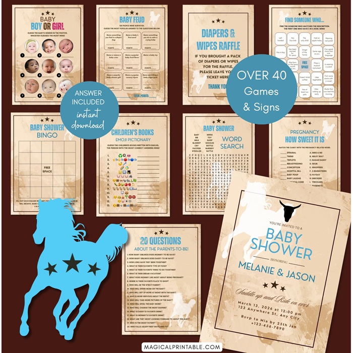 blue wild west baby shower games bundle - cowboy