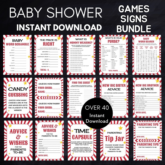 circus carnival baby shower games package
