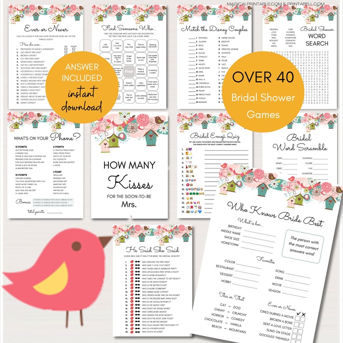 Love Birds Whimsical Bridal Shower Game Printables