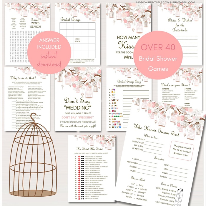 Pink birdcage Bridal Shower Game Printables Pack