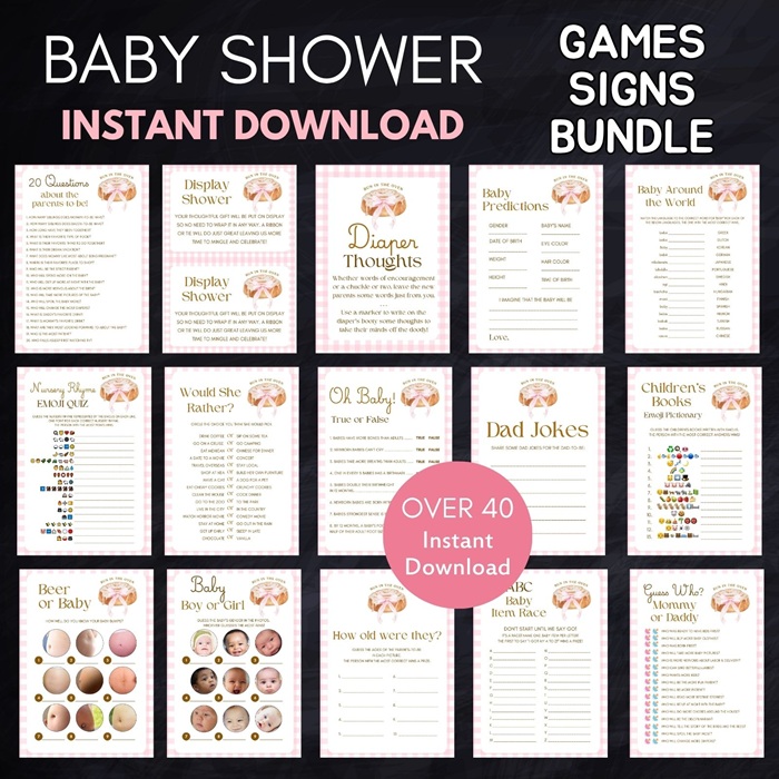 pink little bun in the oven baby shower game bundle