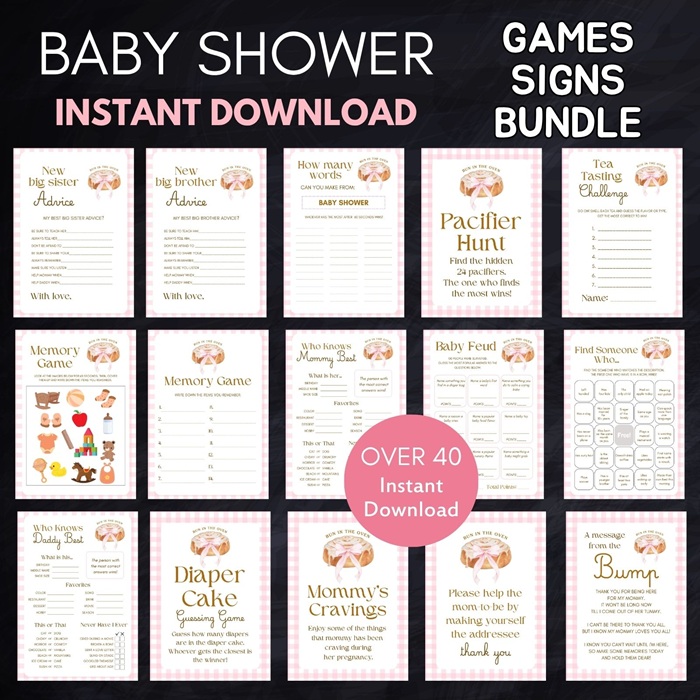 pink little bun in the oven baby shower game bundle