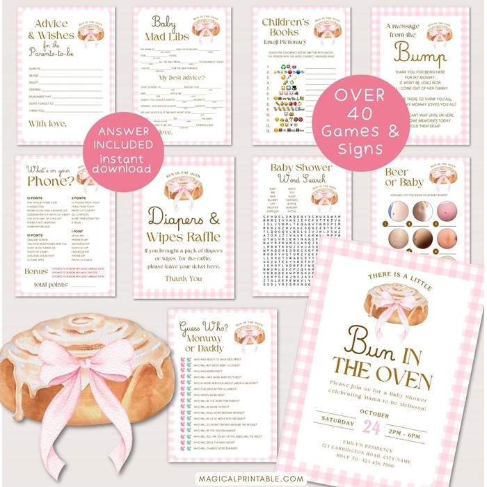 pink little bun in the oven baby shower game bundle
