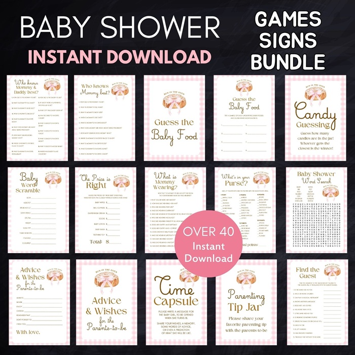 pink little bun in the oven baby shower game bundle